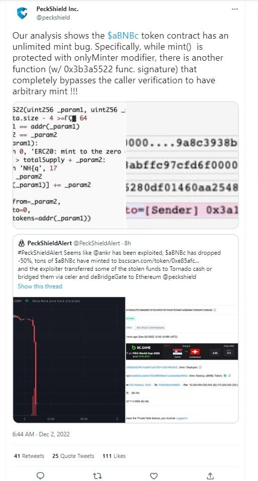 Blockchain security firm PeckShield alerted about the hack on Binance chain-based DeFi Protocol Ankr