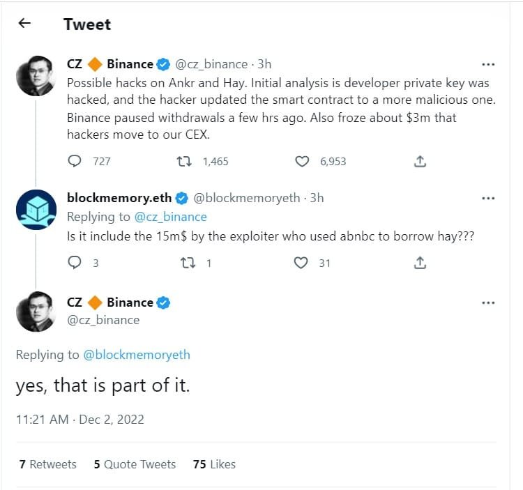  Binance CEO Changpeng Zhao also confirmed DeFi Protocol Ankr hack