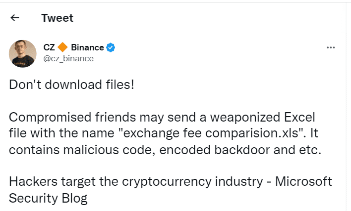 The Binance CEO has also warned users against downloading files from Telegram.The cryptocurrency industry suffers new attack. Who is the DEV-0139 hacker?