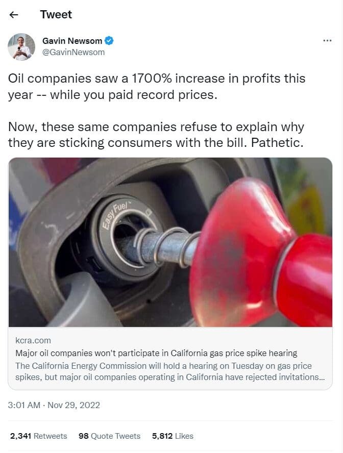 California Governor Gavin Newsom is going after Big Oil for profiting from high gas prices. 