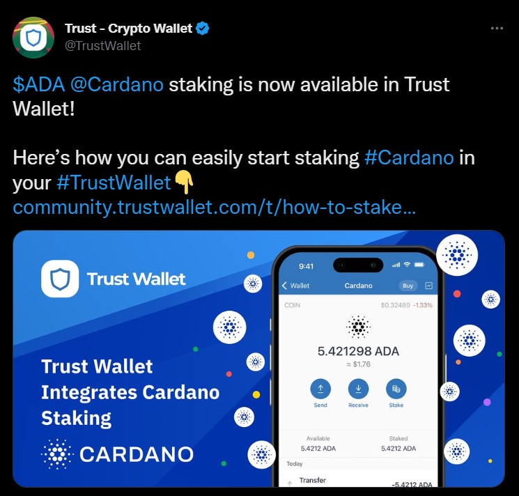 Trust wallet has support for ADA staking on its platform
