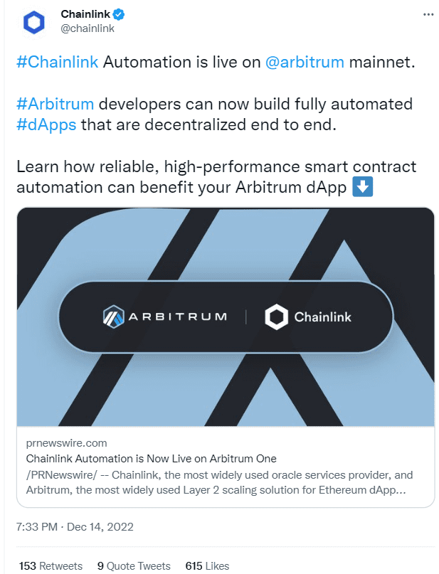 Chainlink has partnered with Arbitrum, the Layer 2 scaling solution for Ethereum Chainlink has partnered with Arbitrum, the Layer 2 scaling solution for Ethereum