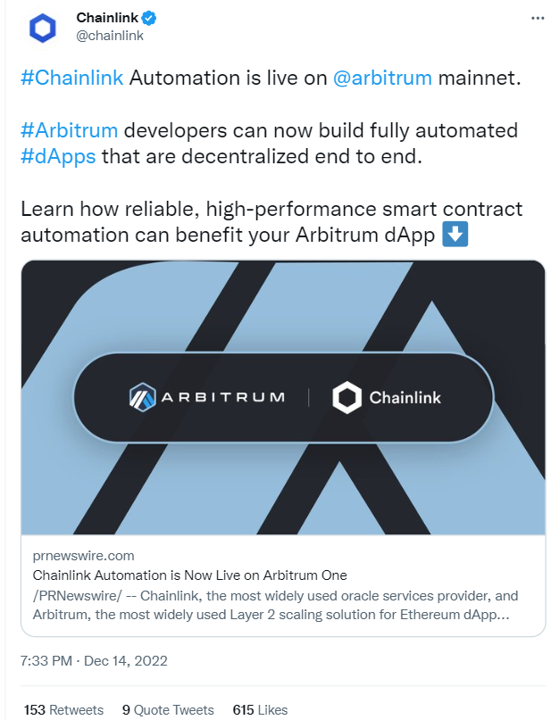 Chainlink has partnered with Arbitrum, the Layer 2 scaling solution for Ethereum 