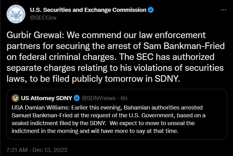 The US SEC is looking to file charges against SBF.