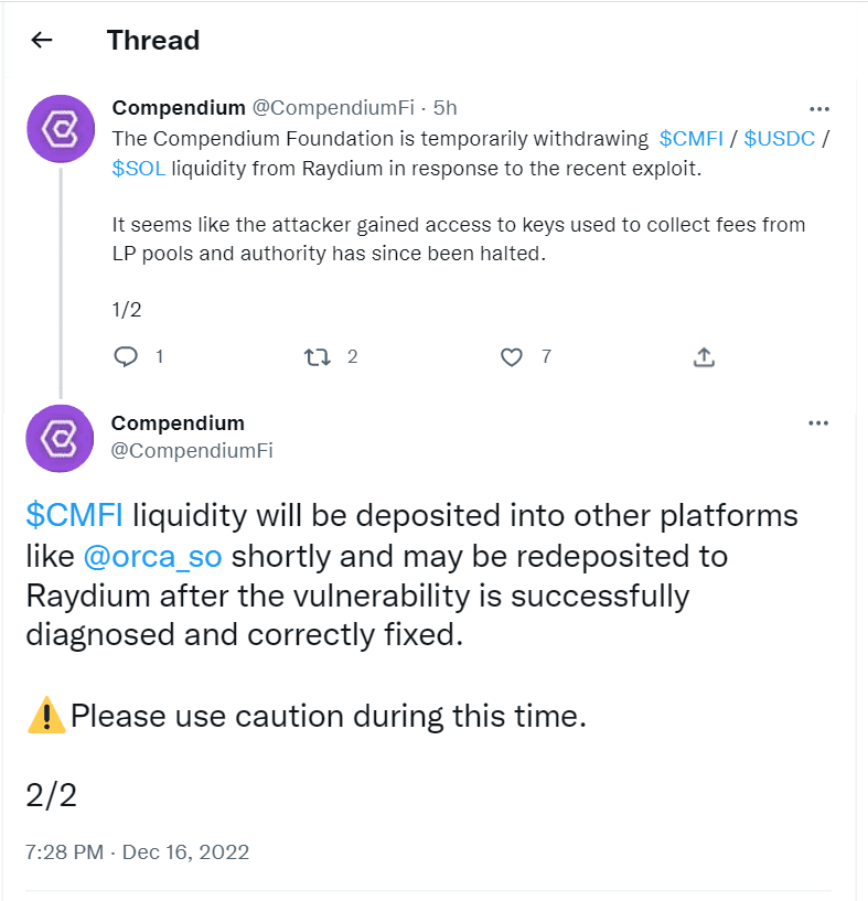 Solana-based project Compendium is withdrawing its assets from Solana following the Raydium (RAY) hack
