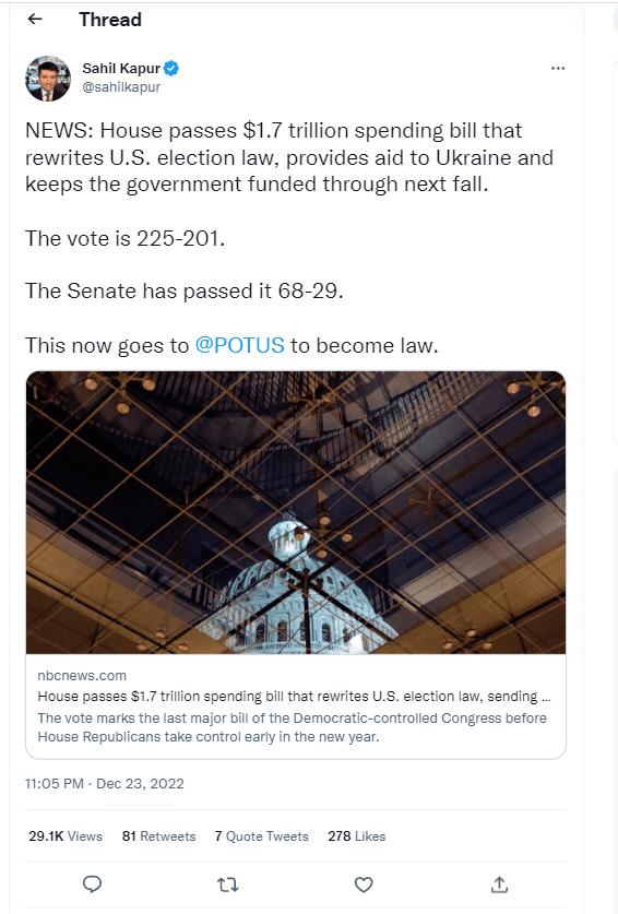 Following US President Joe Biden's approval, the $1.7 trillion US funding bill will become a law Following US President Joe Biden's approval, the $1.7 trillion US funding bill will become a law