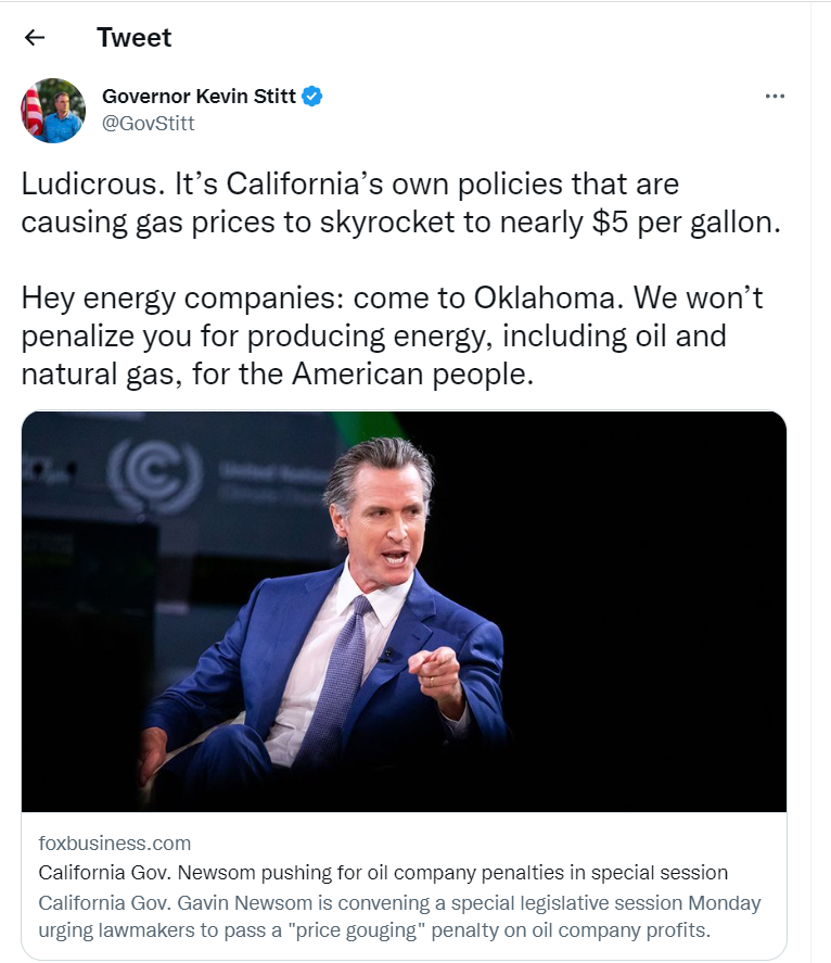 Oklahoma's Republican Governor Kevin Stitt has invited energy companies to relocate to his state amid crackdown in California. Gas prices plunge.