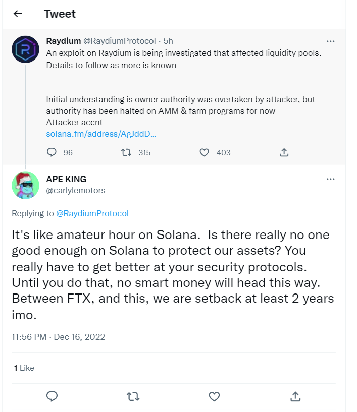 People are angry at Solana network for its security lapses following the hack on Raydium (RAY)