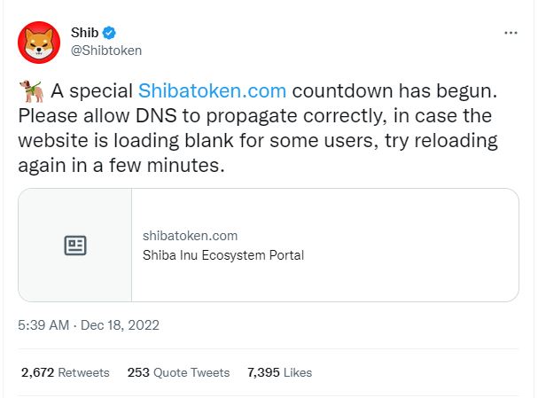 Meme coin official Twitter page posted a cryptic Shiba Inu countdown timer.