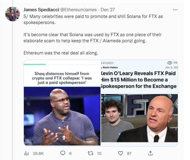 James Spediacci blames FTX for Solana's collapse.