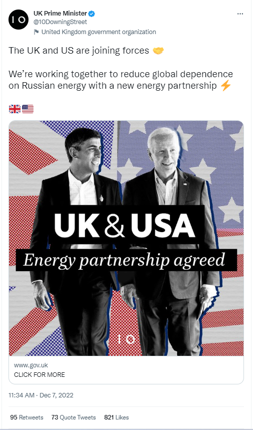 The UK and US will work together to increase energy security and drive down gas prices.