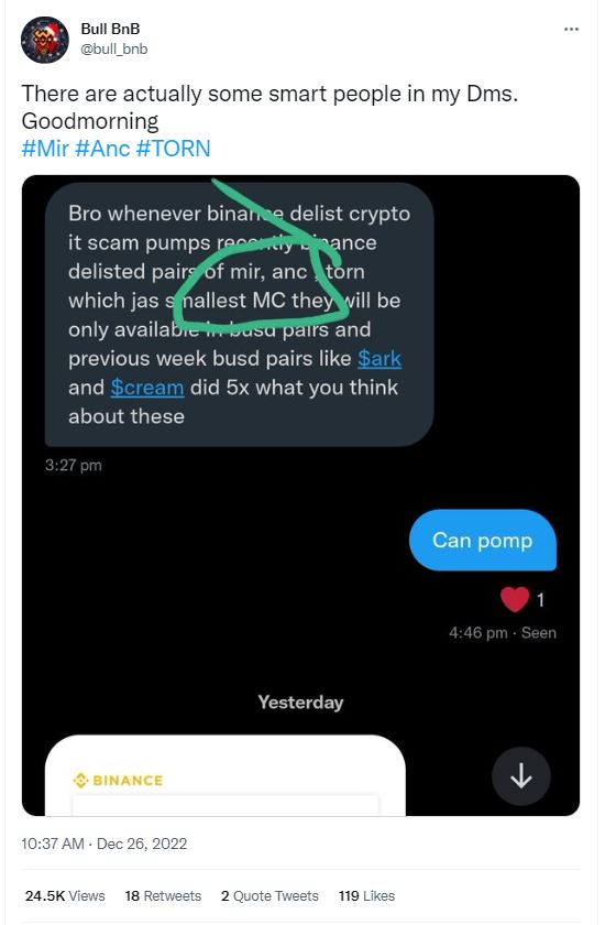 user claimed that coins pump every time Binance plans to delist one