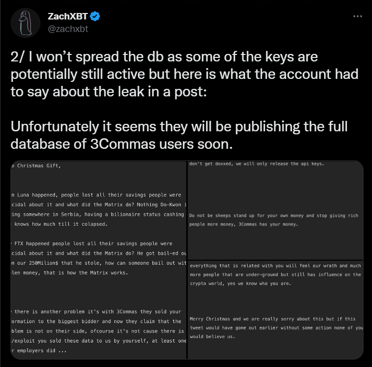 ZachXBT noted that the leakers plan to publish the full database soon.