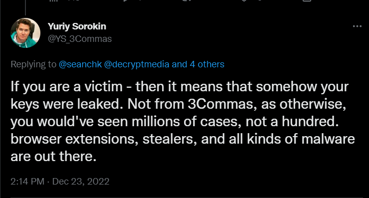 Sorokin aggressively defended 3Commas against leak allegations.