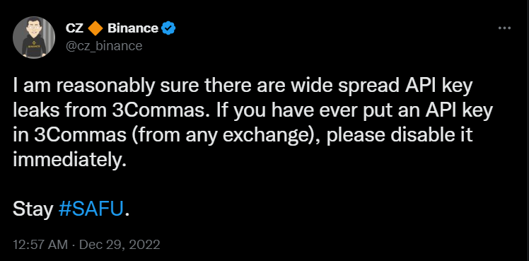 Binance CEO CZ blamed 3Commas for the leak