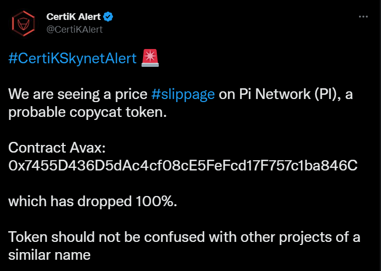 Certik warned users of a probable fake Pi network token. 