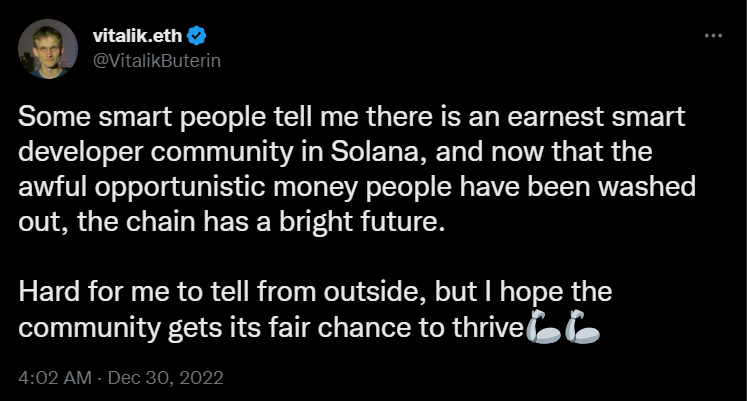 Vitalik Buterin expressed hopes for the Solana developer community.