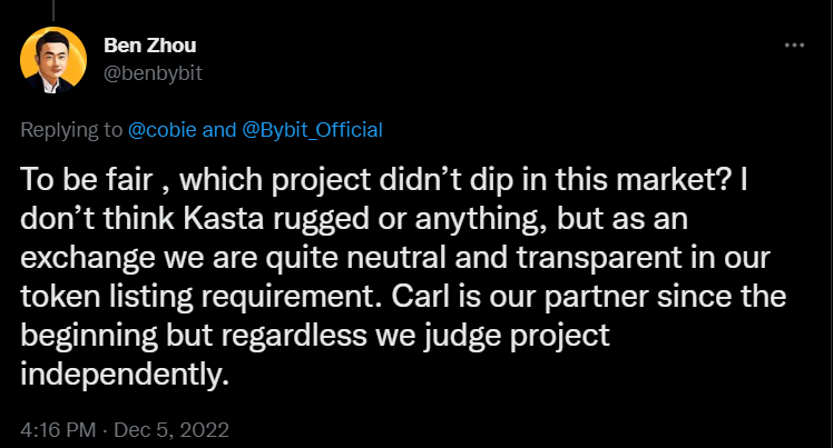 Zhou stated he didn't believe that Kasta was rug pulled