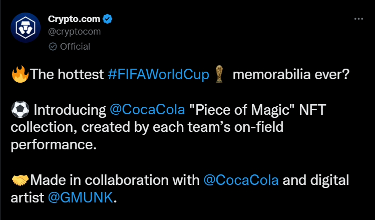 Crypto.com announced the partnership with Coca-Cola on its Twitter handle.