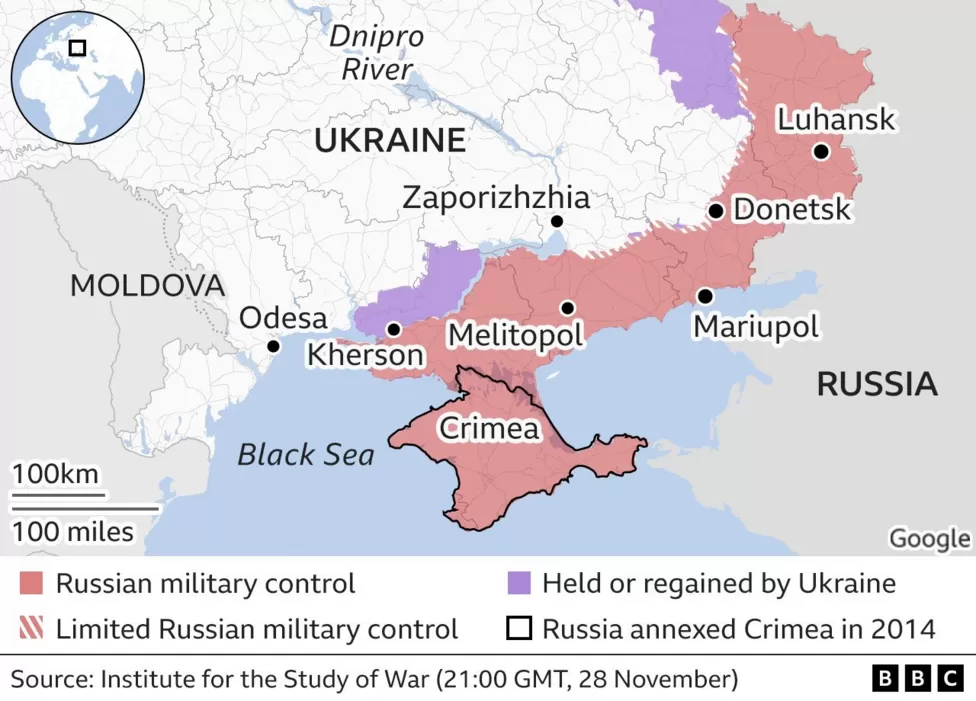 Map of the regions around Ukraine under Russian control