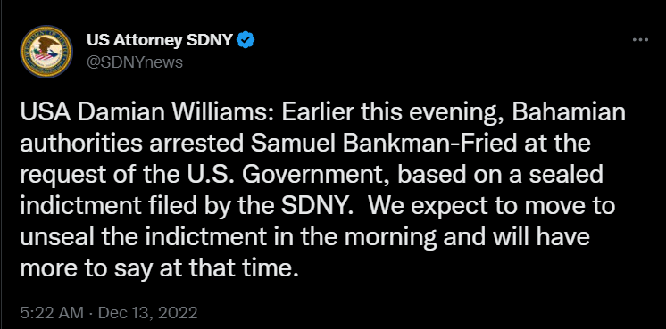 The US Attorney for the Southern District of New York shared the update regarding SBF's arrest on Twitter