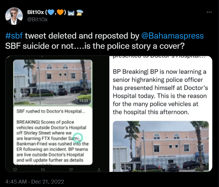 Conspiracy theories started doing the rounds after Bahamas Press changed its report on SBF's alleged hospital visit
