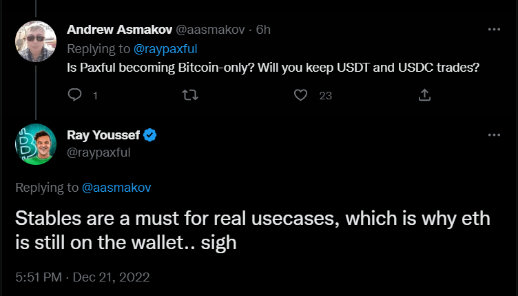 Ray Youssef was not excited about continuing stablecoins on the platform.