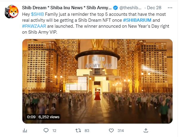'Shib army' soldier also reminded his followers about the Shib Dream NFT giveaway on New Year's Day.  