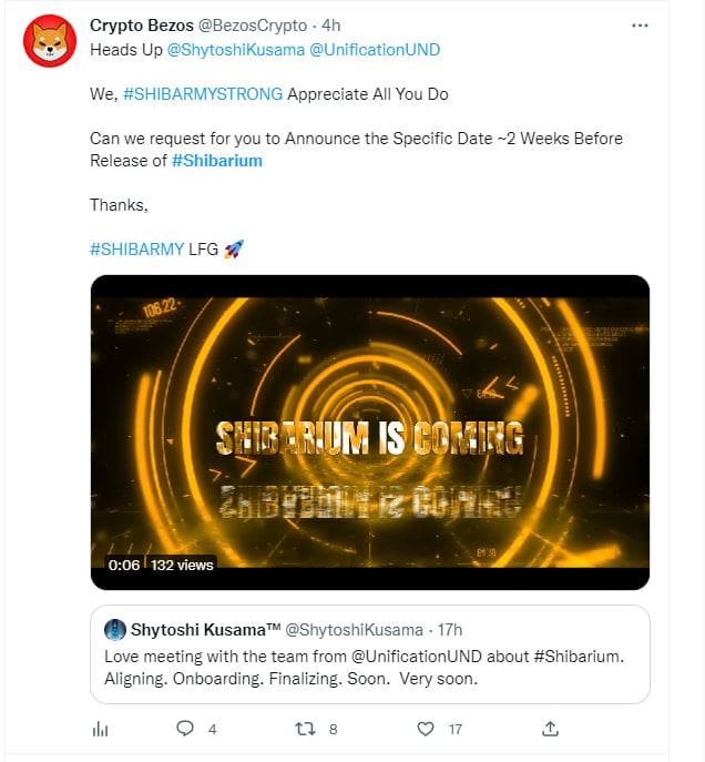 @bezosCrypto asked Shytoshi to announce the launch at least two weeks in advance. 