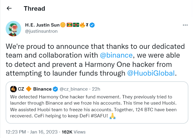 Huobi's advisor and TRON founder Justin Sun thanked Binance and confirmed that the crypto exchange froze the funds from Harmony Protocol hack.