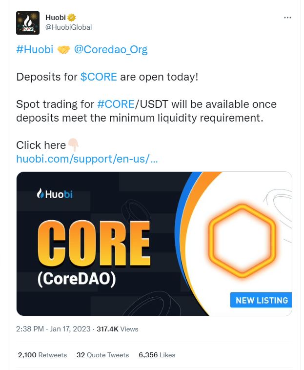 CoreDAO listing on Huobi could speed up price appreciation