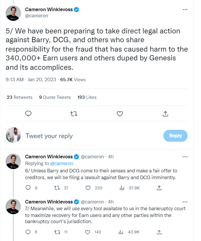 Gemini CEO Cameron Winklevoss has threatened to sue Digital Currency Group after Genesis filed for Chapter 11 bankruptcy  