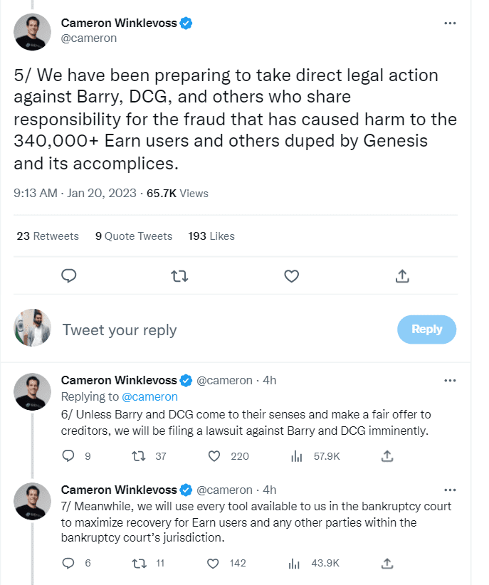 Gemini CEO Cameron Winklevoss has threatened to sue Digital Currency Group after Genesis filed for Chapter 11 bankruptcy