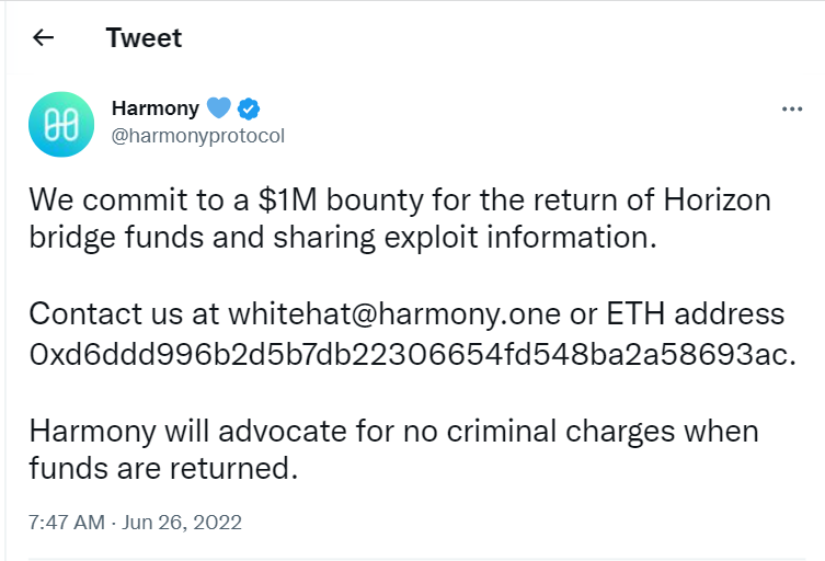Cryptocurrency exchanges Binance & Huobi recovered $2.5 million in stolen BTC from last year's $100M Harmony Protocol hack