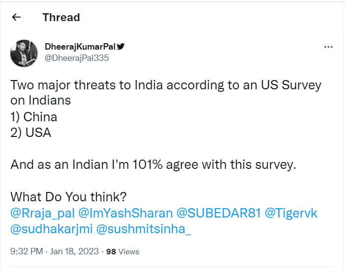 Indians perceive the United States as the second biggest threat to India after neighboring China, according to a recent survey