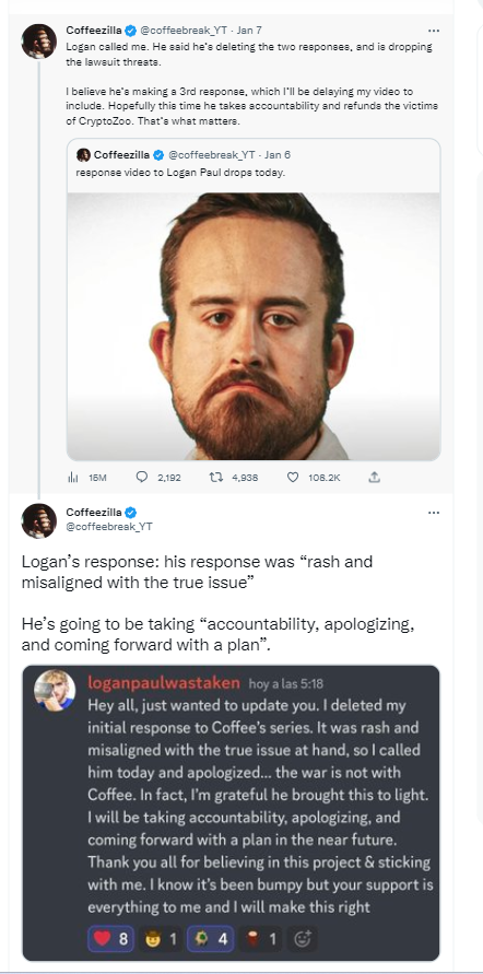CoffeeZilla confirmed that Logan Paul had apologized after the two clashed over the CryptoZoo NFT project 