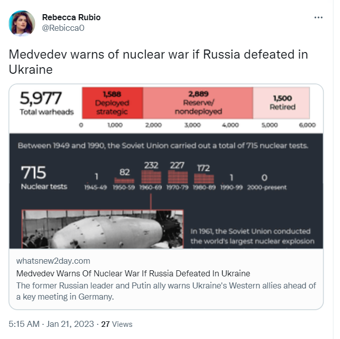 Russia will start a nuclear war if it feels that defeat in Ukraine is eminent. 