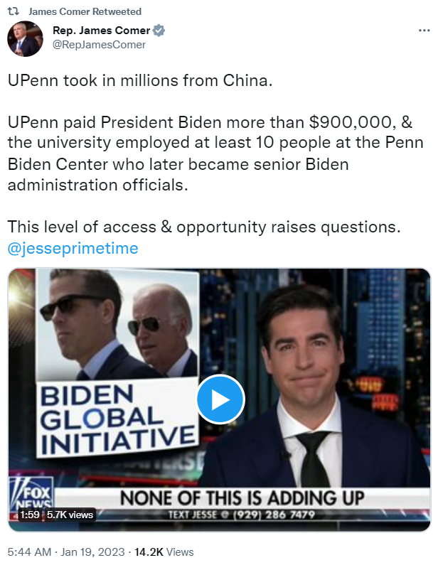 Congressman James Comer has demanded details from the scandal involving donations from Chinese donors to Joe Biden's Penn Biden Center in the University of Pennsylvania.