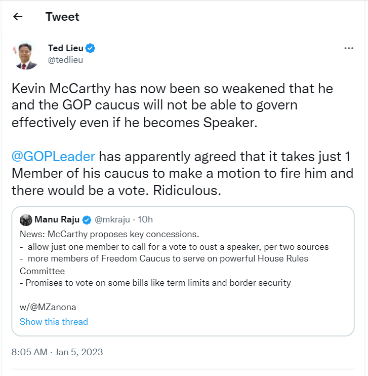 Congressman Ted Lieu (Democrat) has criticized Republican opponent Kevin McCarthy as he failed to get elected as Speaker of United States Congress 