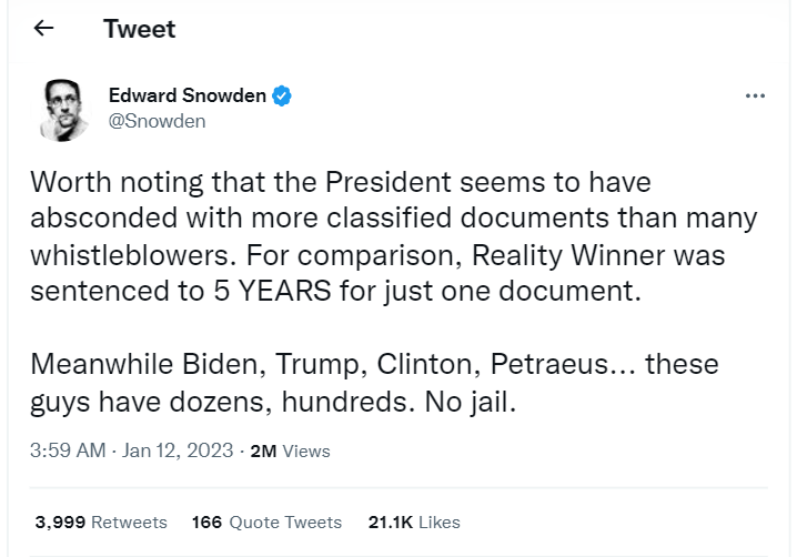 Whistleblower Edward Snowden has criticized US President Joe Biden for the classified documents found at his former office at the Penn Biden Center