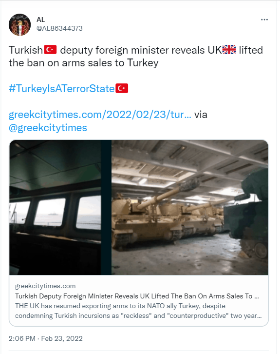 UK lifted the ban on arms sales to Turkey in late 2019. 