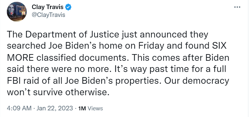 US Department of Justice has found several classified files in Joe Biden's home, making him a national security threat 