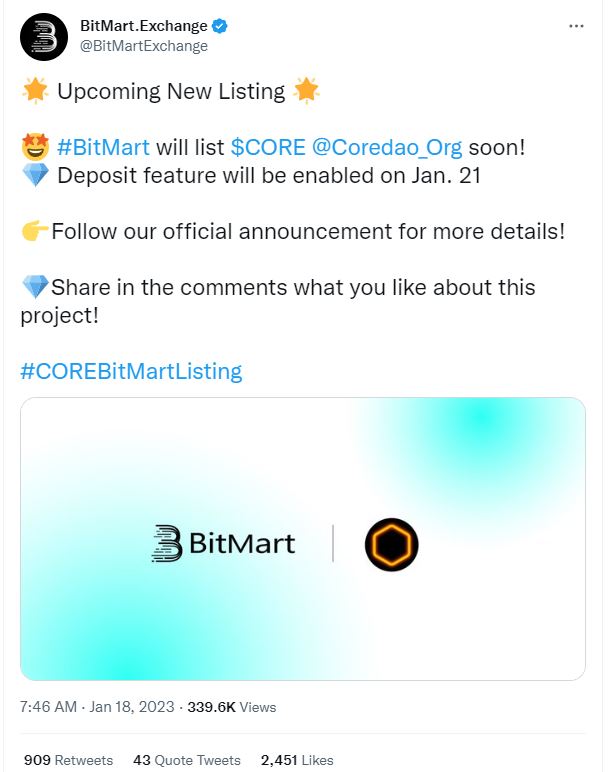 CoreDAO listing on BitMart brought more good news for CORE token investors