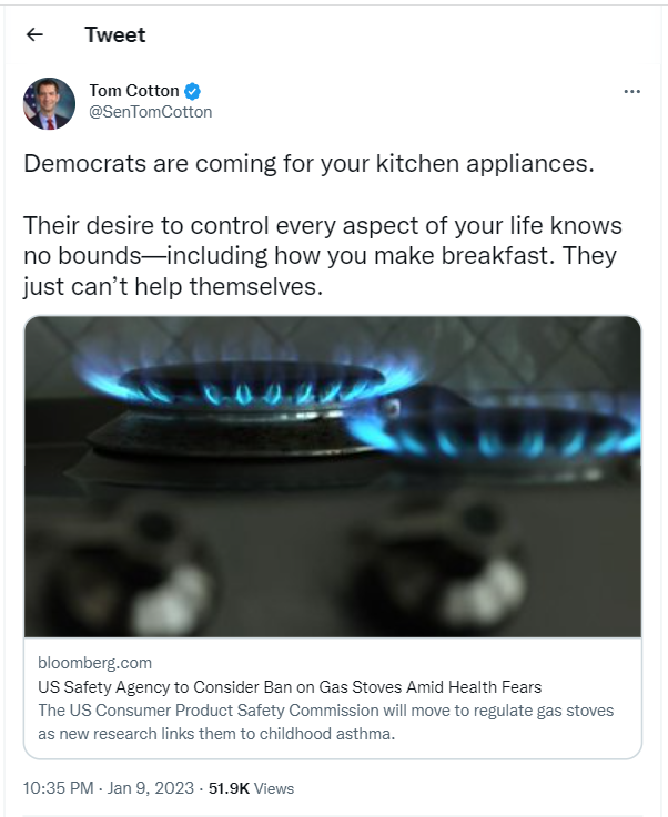Republican Senator Tom Cotton has slashed the Biden Administration for the move to ban gas stoves in the USA