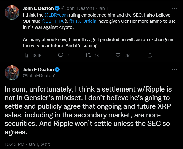John Deaton believes a settlement between the SEC and Ripple is unlikely.