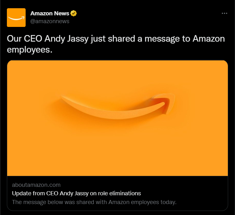 Amazon shared the announcement as a message from CEO Andy Jassy