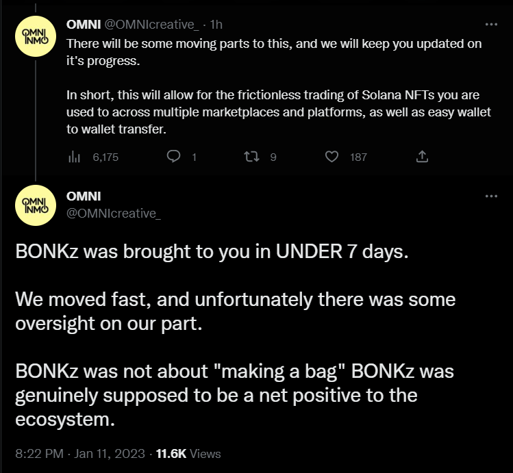 BONKz creators assured collectors that the project was supposed to be a net positive for the ecosystem.
