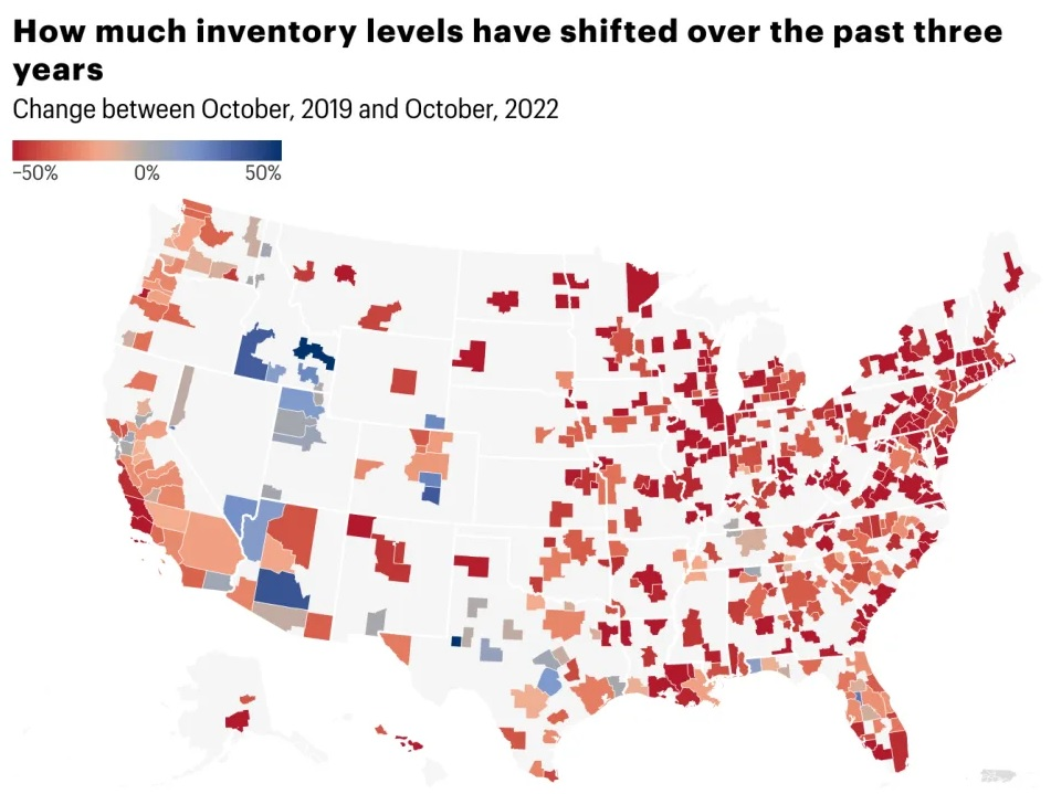 A lot of “red” shows how much housing inventories have decreased over the past three years. Credit: Yahoo Finance