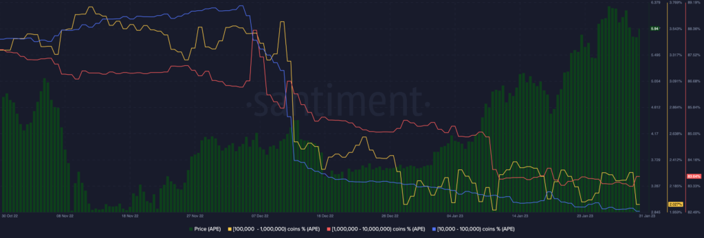 The number of different-sized APE wallets on decline.