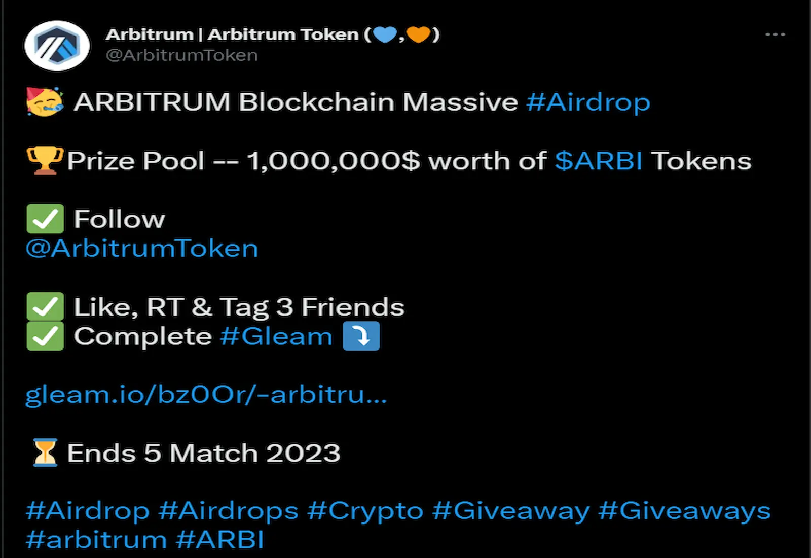 The Arbitrum airdrop announcement came from the seemingly official Arbitrum Twitter handle.
